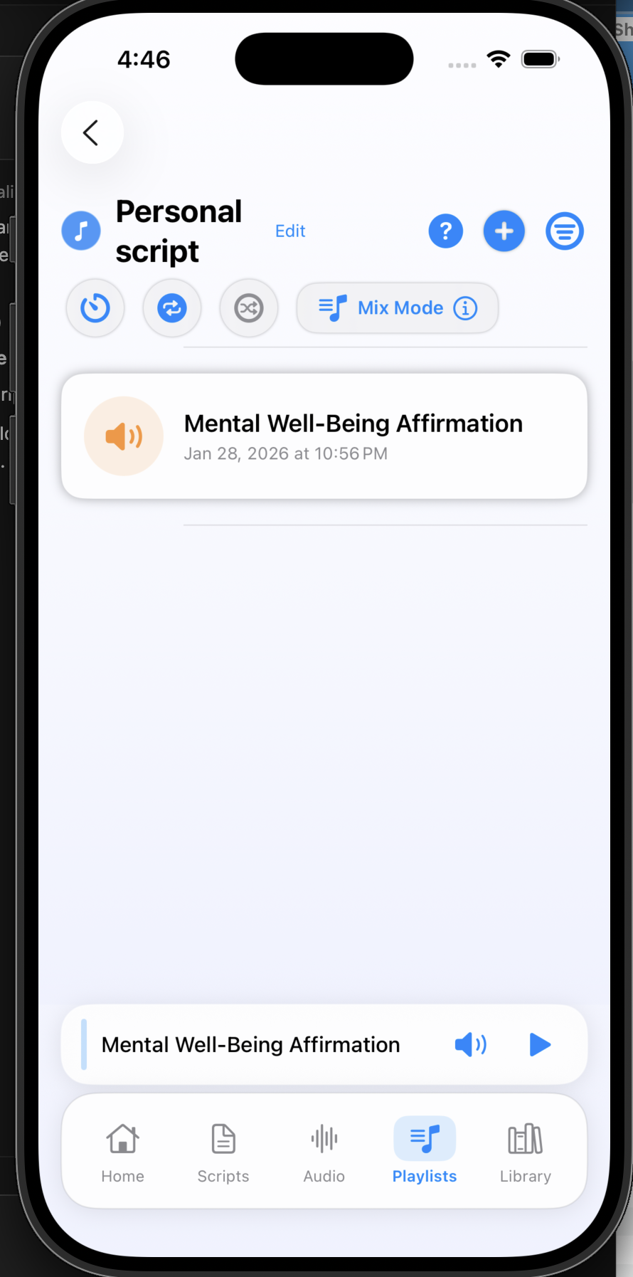 Playlist and mix mode screen